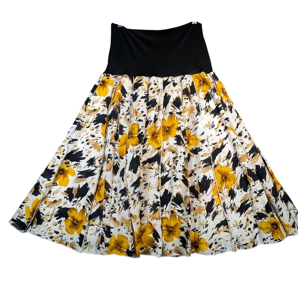 Vtg Saint Tropez Maxi Skirt Women Sz L Black Top Floral Print Linen Rayon‎ Blend